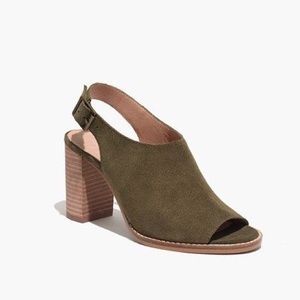 Madewell olive suede peep toe heels